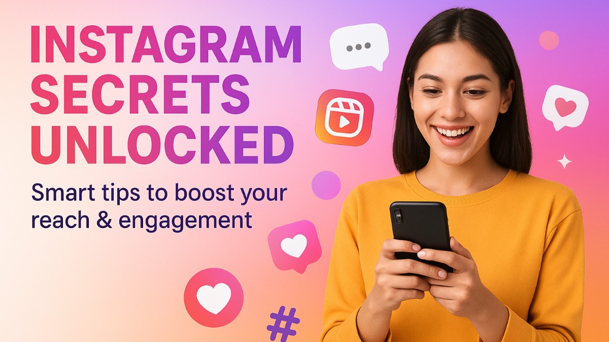 Instagram secrets unlocked – user with smartphone surrounded by icons and tips for boosting reach and engagement