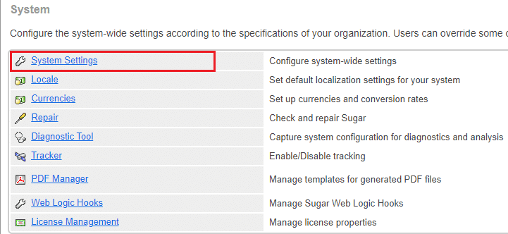 SugarCRM System Settings