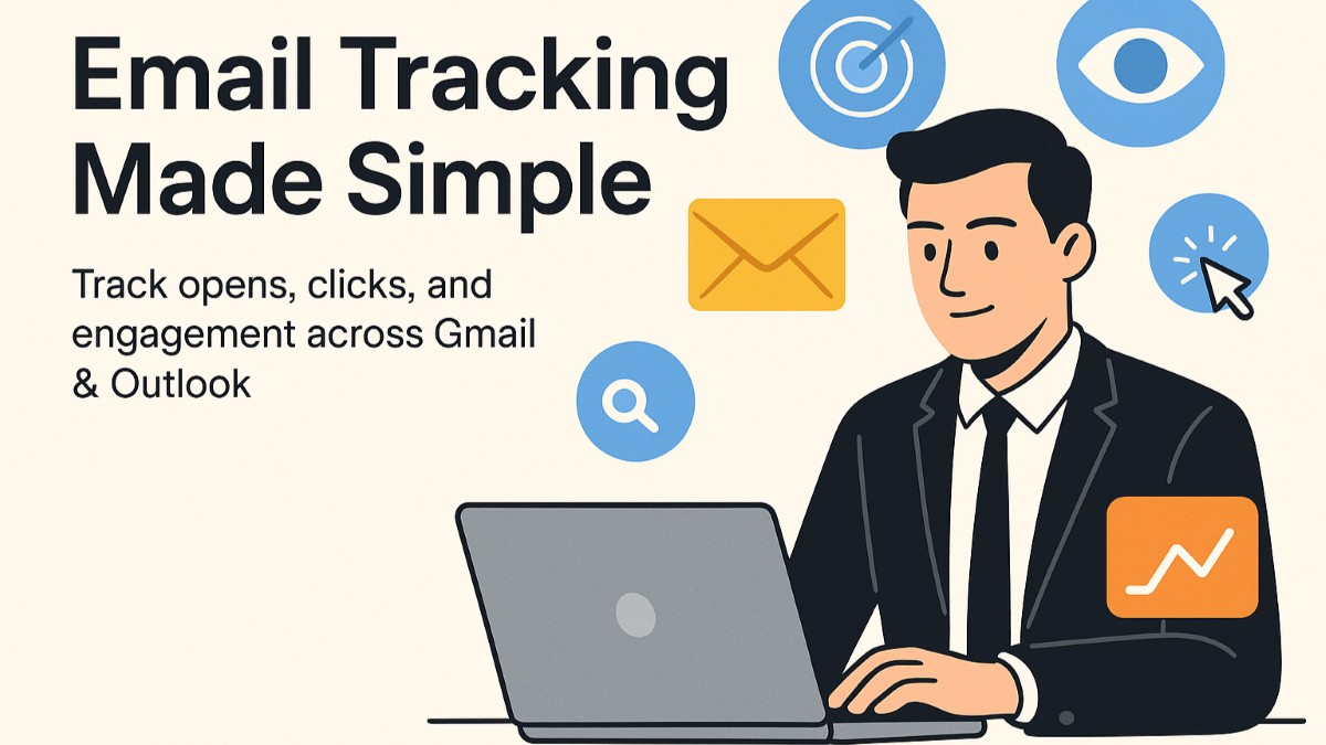 Illustration showing email tracking with user laptop, open email icons, click tracking, and engagement metrics for Gmail, Outlook, and Office365