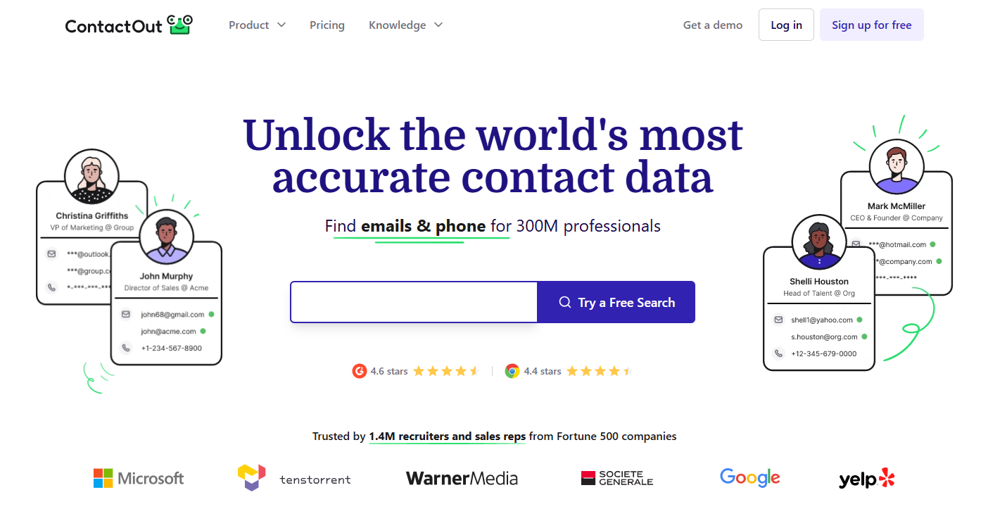 ContactOut email finder tool interface showing professional email and phone search for 300M users.