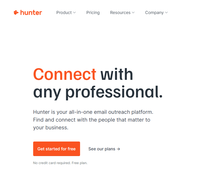 Hunter.io email finder tool homepage showing professional outreach platform.