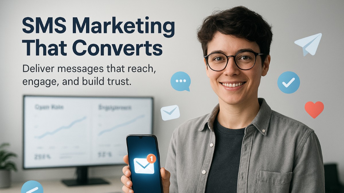 Realistic image of a digital marketer holding a smartphone with SMS notifications, representing high-engagement SMS marketing strategy