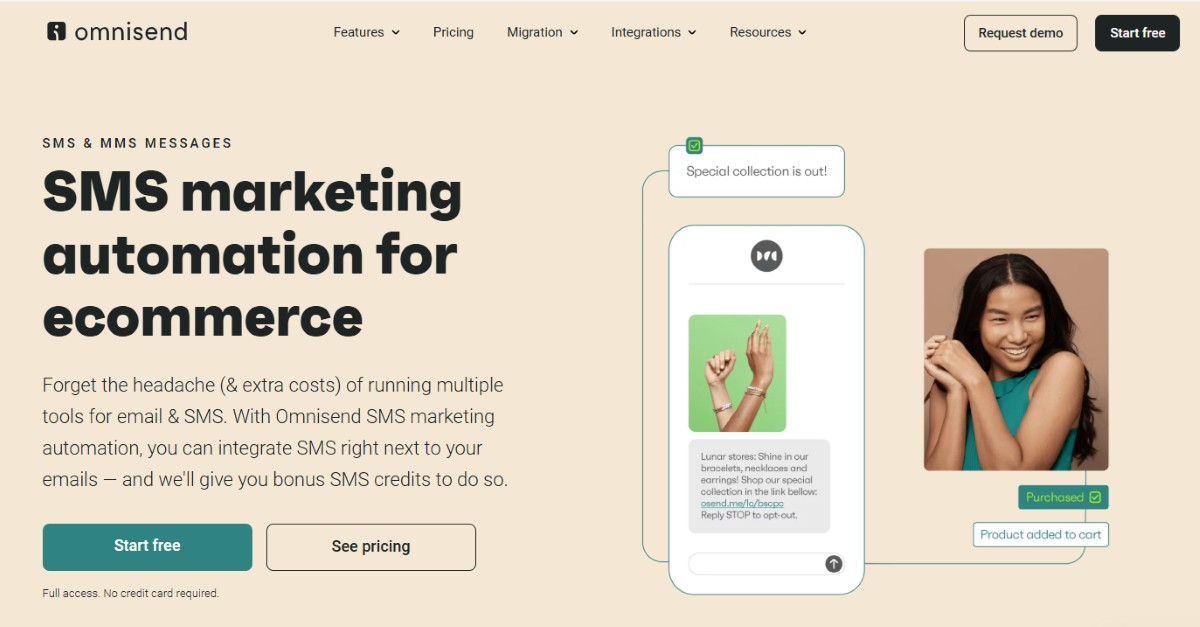 Omnisend SMS marketing automation platform for eCommerce with message and product visuals