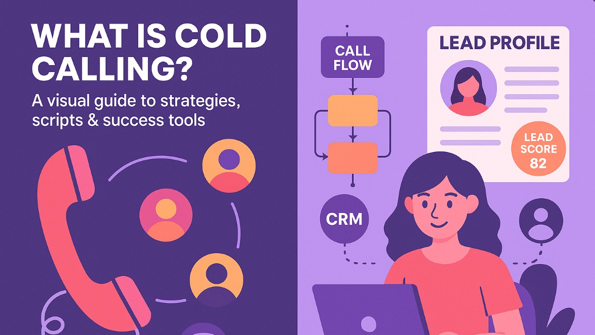 What is cold calling – flat-style infographic showing a stylized phone, headset, user icons, and a cartoon woman using a laptop for sales outreach