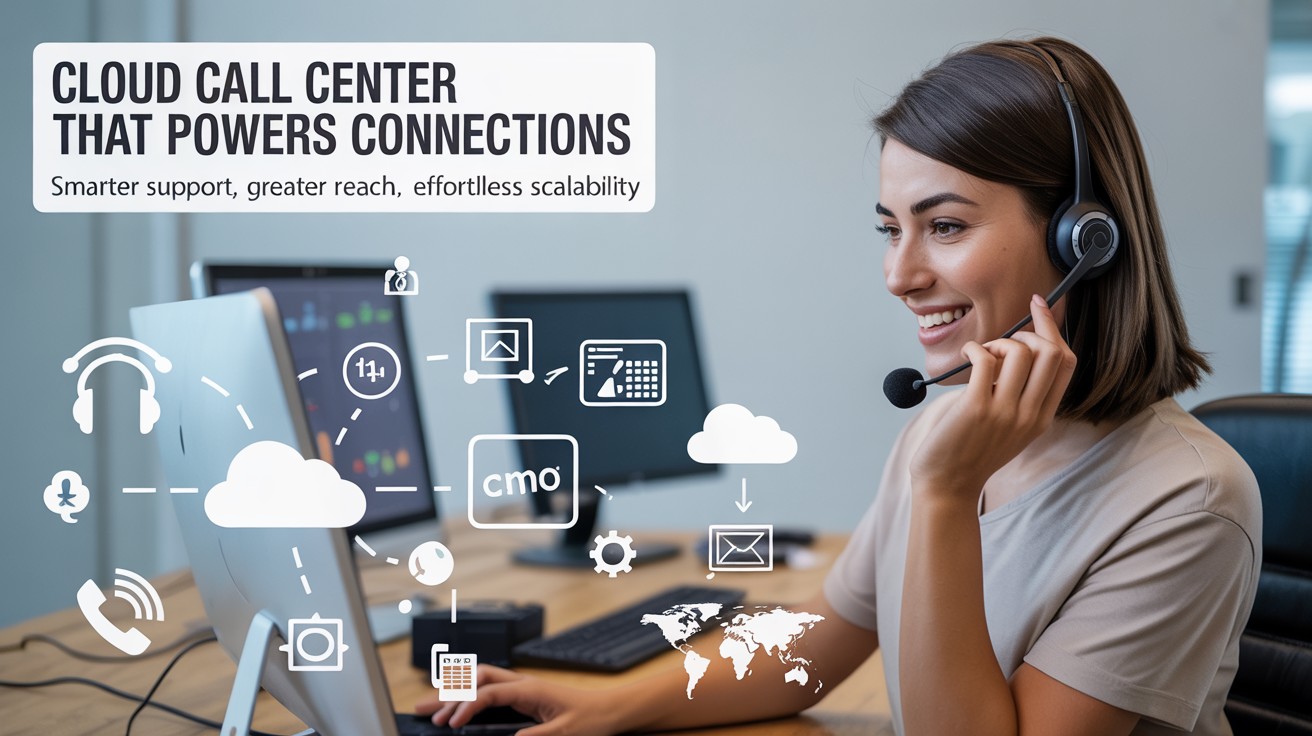Realistic cloud call center setup with customer service agent using cloud-based tools and communication icons