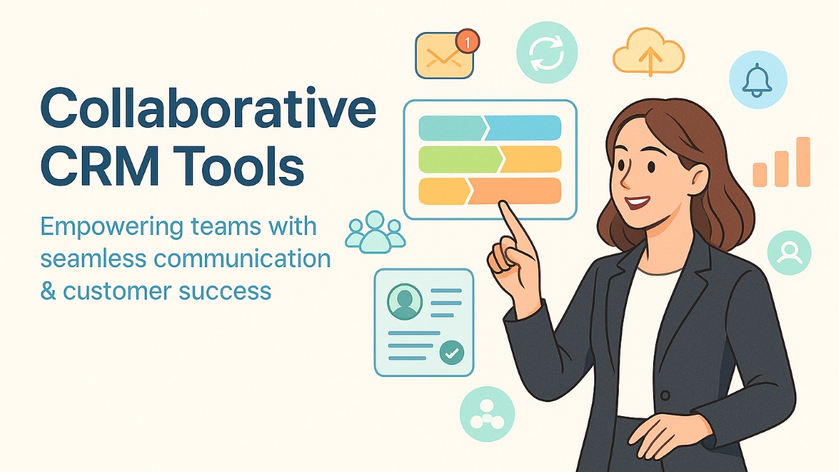 Young professional woman engaging with collaborative CRM tools dashboard, teamwork icons, and customer data visualization