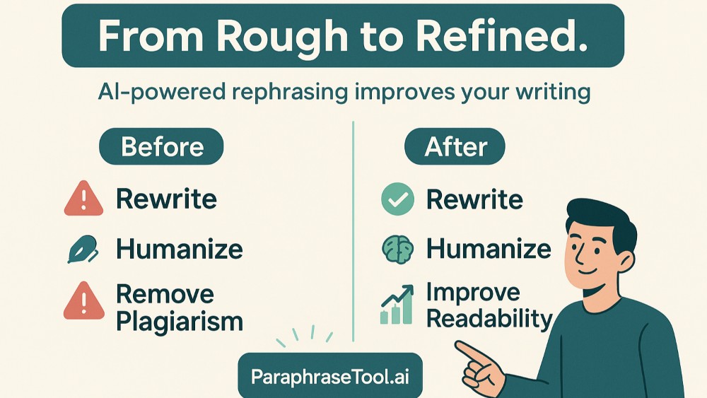 Infographic showing how ParaphraseTool improves content by rewriting, humanizing, removing plagiarism, and enhancing readability.