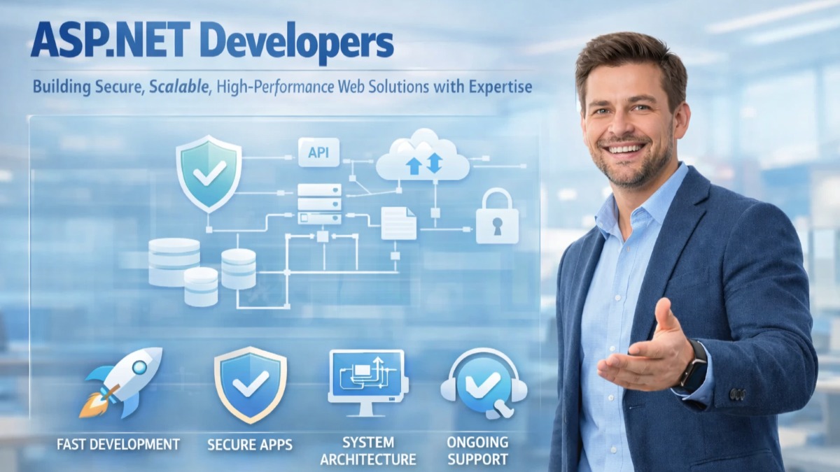 ASP.NET developers explaining secure scalable high-performance web solutions with modern development icons