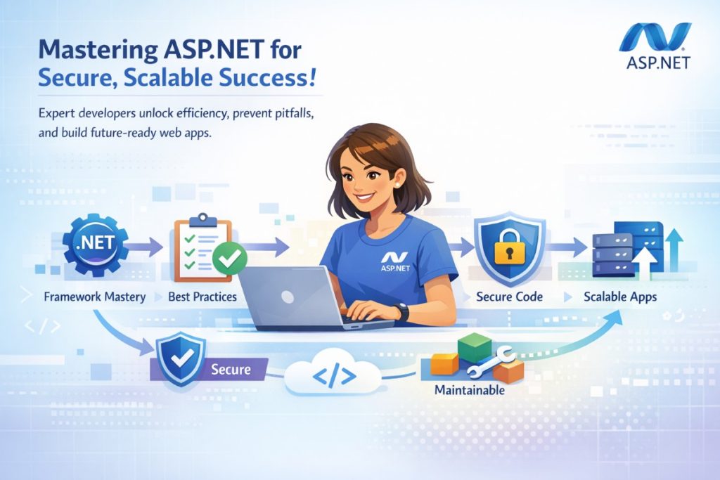 Infographic showing expert ASP.NET developers building secure and scalable web applications