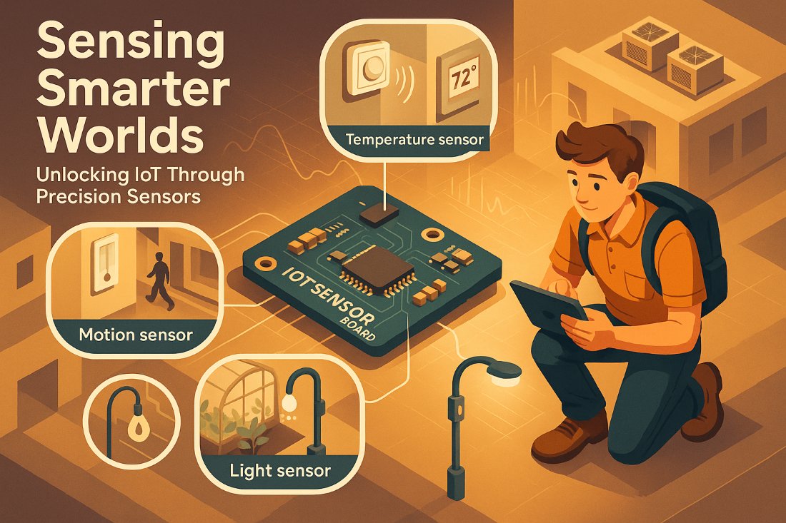 Isometric infographic showing key IoT sensor components like motion, temperature, humidity, and light sensors in real-world use cases.