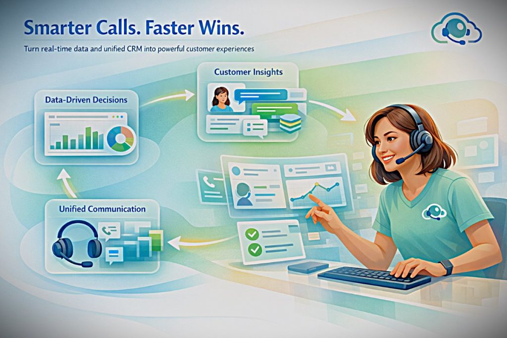 Infographic showing data insights in call center CRM with analytics dashboard, customer data, and agent productivity workflow