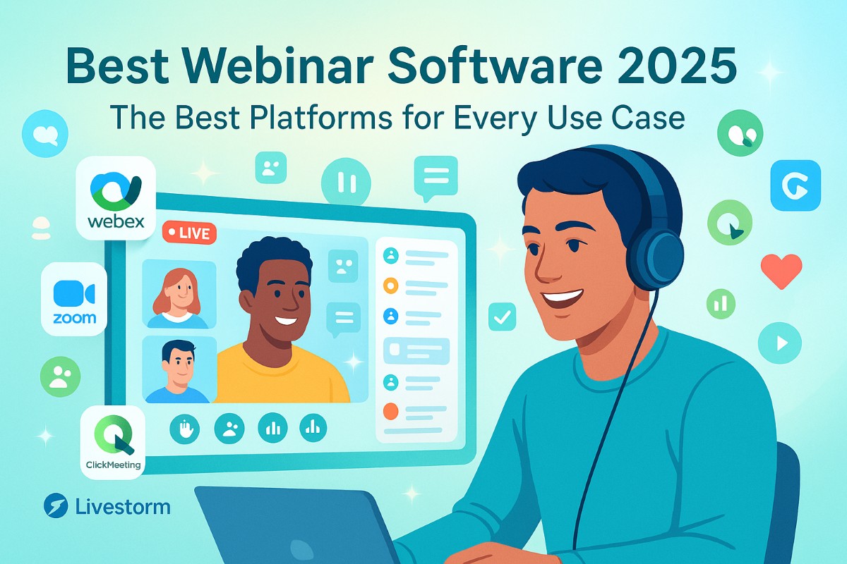 Professional user attending a live webinar using the best webinar software platforms with headphones, screen view showing engagement icons and platform logos.