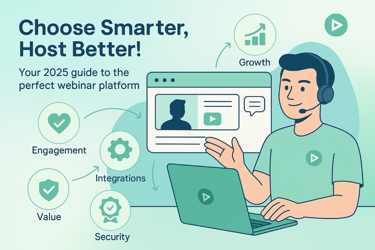 Infographic showing key considerations for selecting webinar software in 2025 with workflow icons, active user, and platform logo.