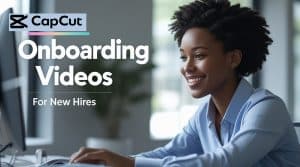CapCut Desktop onboarding video concept featuring smiling new hire, 3D text glow in top-left corner with welcoming office environment.