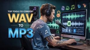 A tech-savvy podcast creator working in a modern digital studio, editing audio files with sound waves on screen. Glowing 3D text reads "Top Tools to Convert WAV to MP3" on a dark green gradient background with floating music icons.