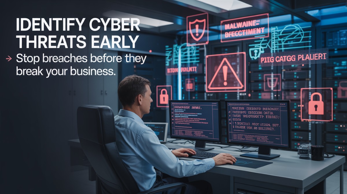 Realistic image of digital warning alerts and malware icons showing early detection of cyber threats and cyberattacks