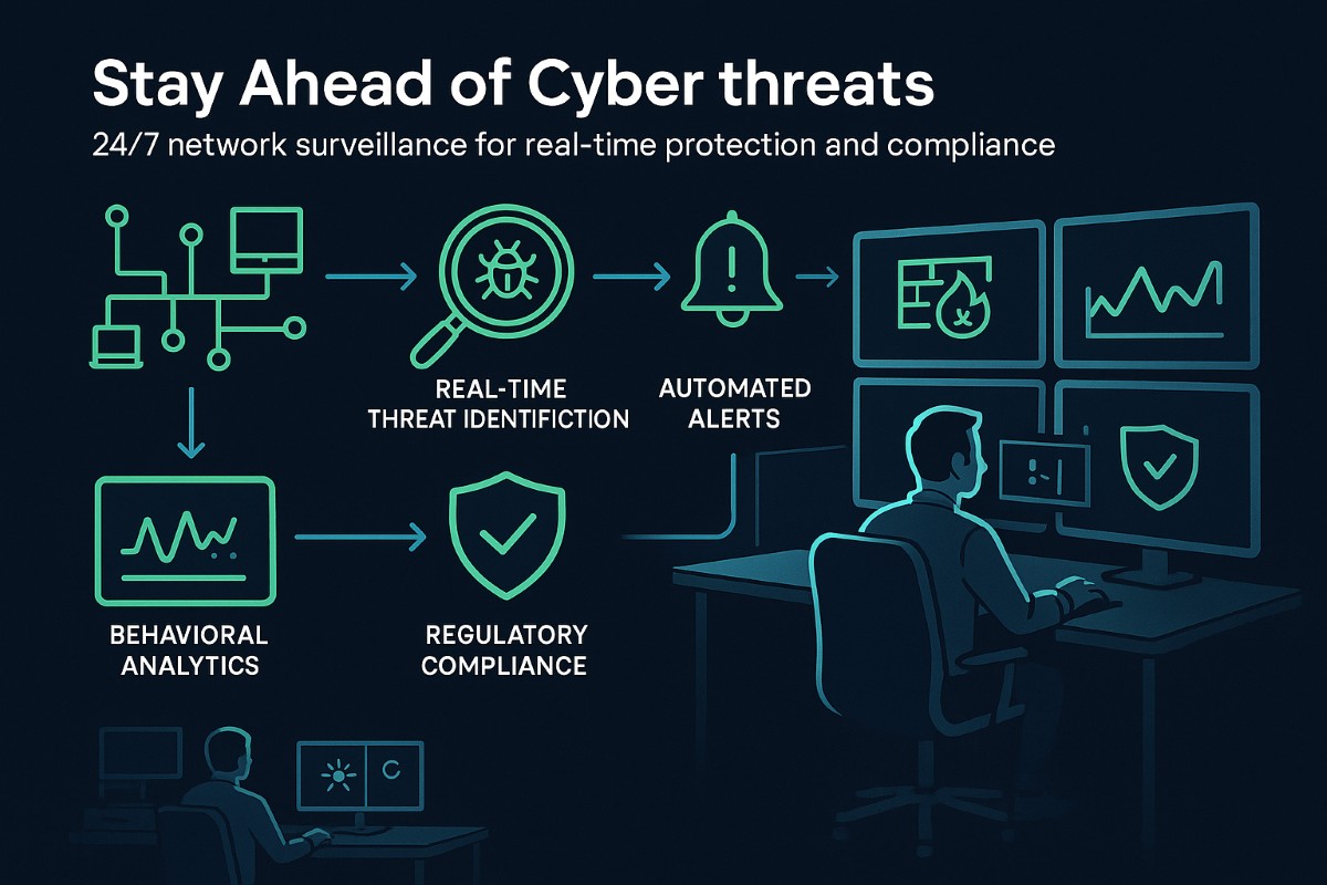 Infographic showing real-time network surveillance system detecting cyber threats and preventing cyberattacks using automated alerts and compliance tools.

