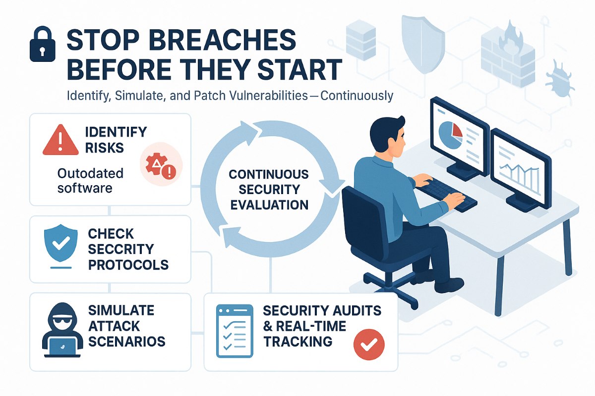 Infographic showing steps of continuous security evaluation to prevent cyber threats and cyberattacks with workflow icons and a user monitoring dashboards.