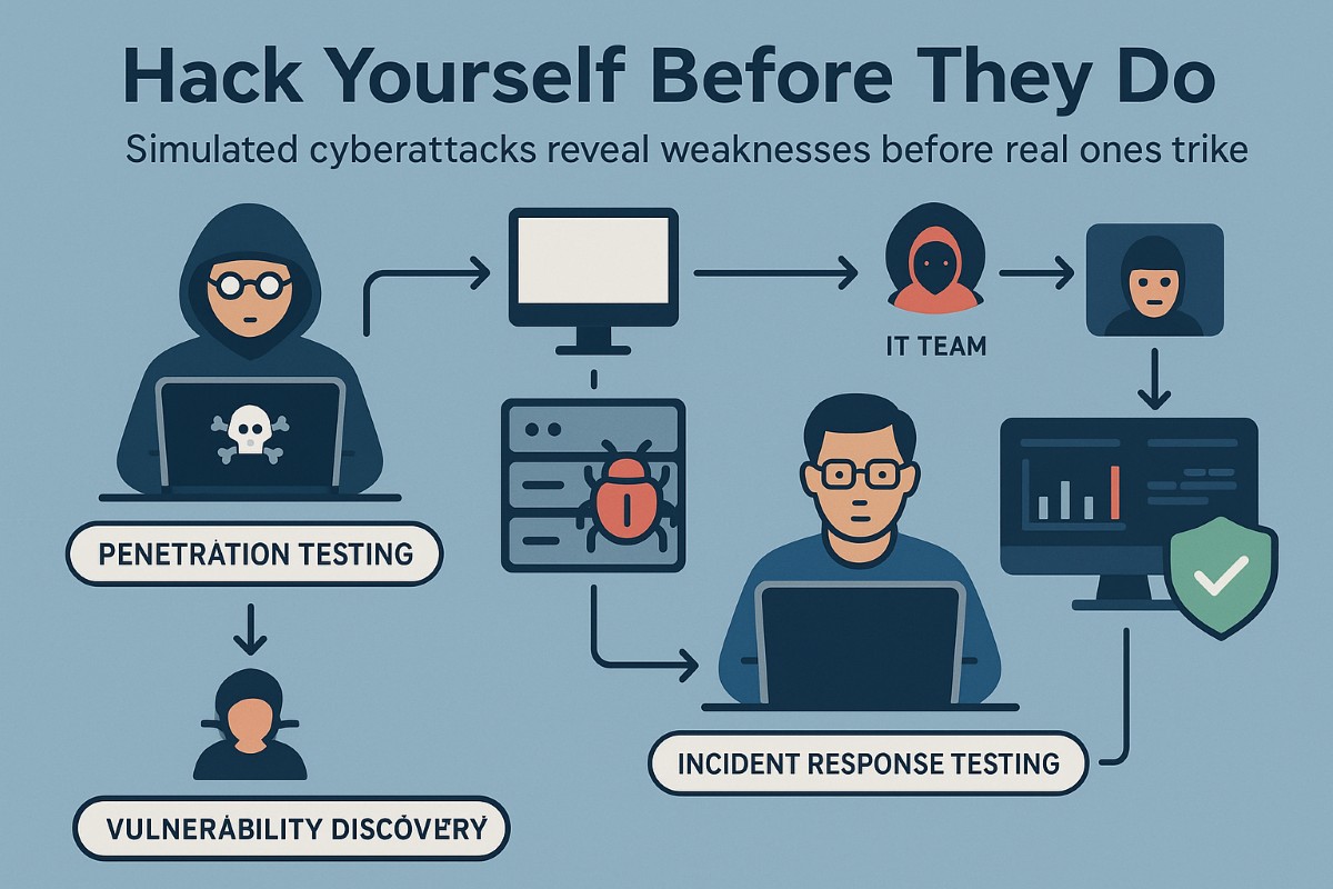 Infographic showing simulated cyberattacks workflow with ethical hackers, security testing, and vulnerability detection