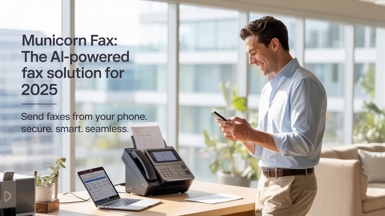 Cheerful businessman using smartphone in a modern bright office with a laptop and fax machine, showcasing Municorn Fax as one of the top business apps for 2025.
