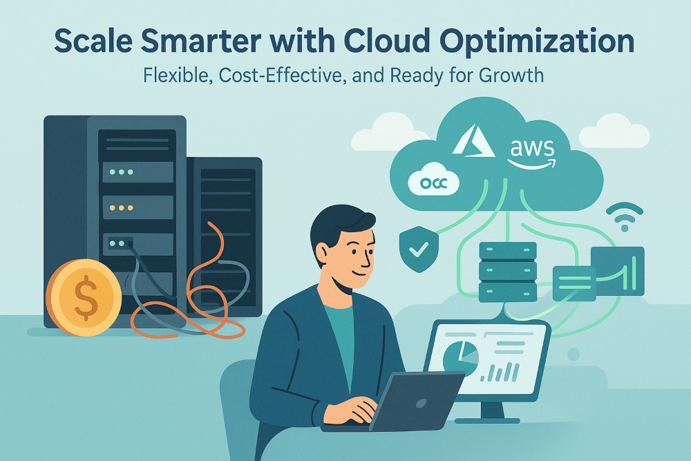 Infographic showing scalable cloud-based network optimization with a user managing cloud dashboards, distributed servers, and real-time traffic flow.