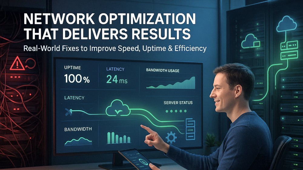 IT professional monitoring real-time network optimization dashboard with improved performance metrics, cloud servers, and automated systems.