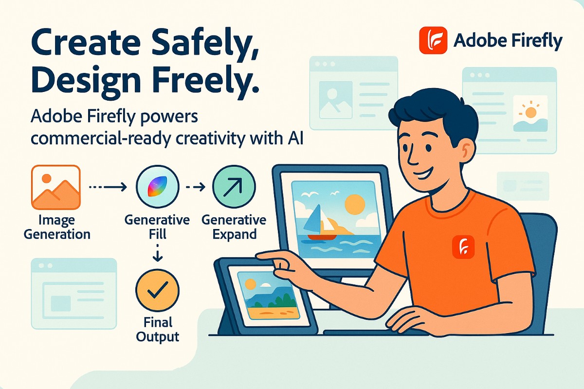 Infographic showing Adobe Firefly AI image generator for web design workflow with user, icons, and generative tools.