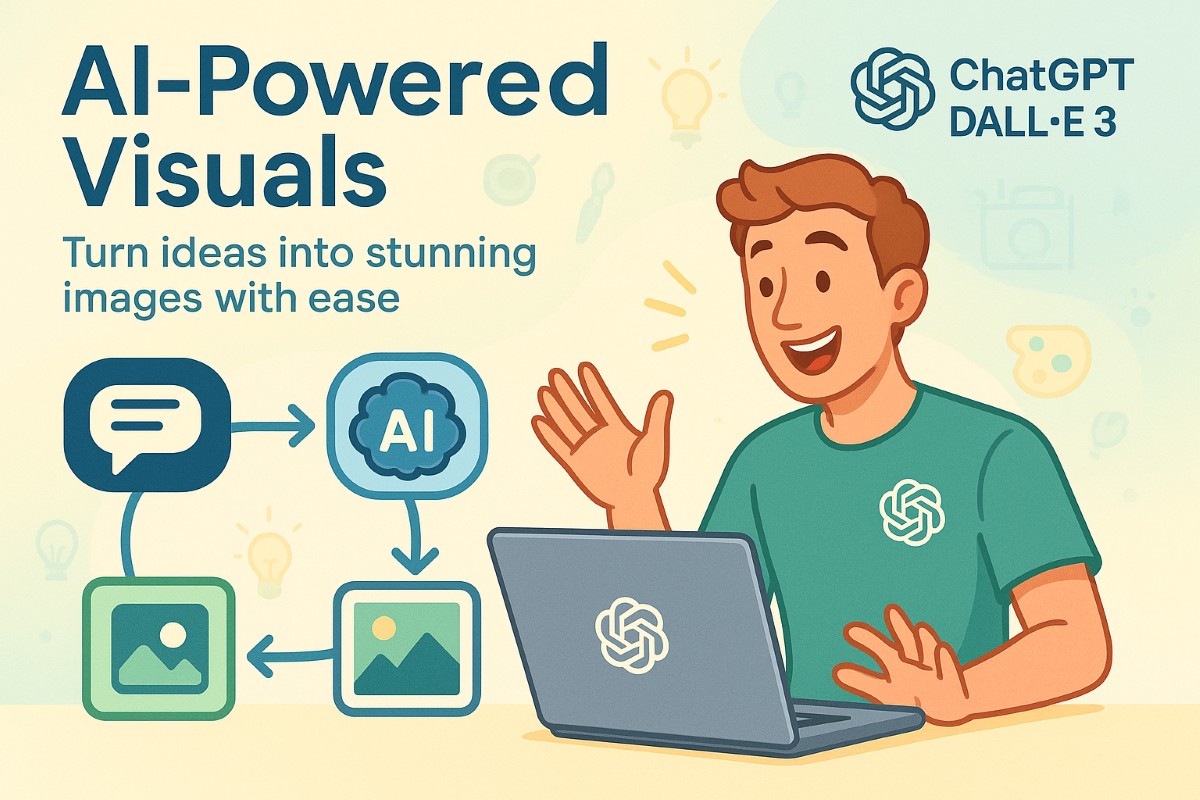 Infographic showing ChatGPT with DALL-E 3 for AI image generation in web design, featuring workflow icons, active user, and tool logo.