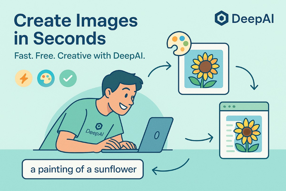 Infographic showing DeepAI as a free AI image generator for web design with an active content creator using the tool to create vibrant digital art.