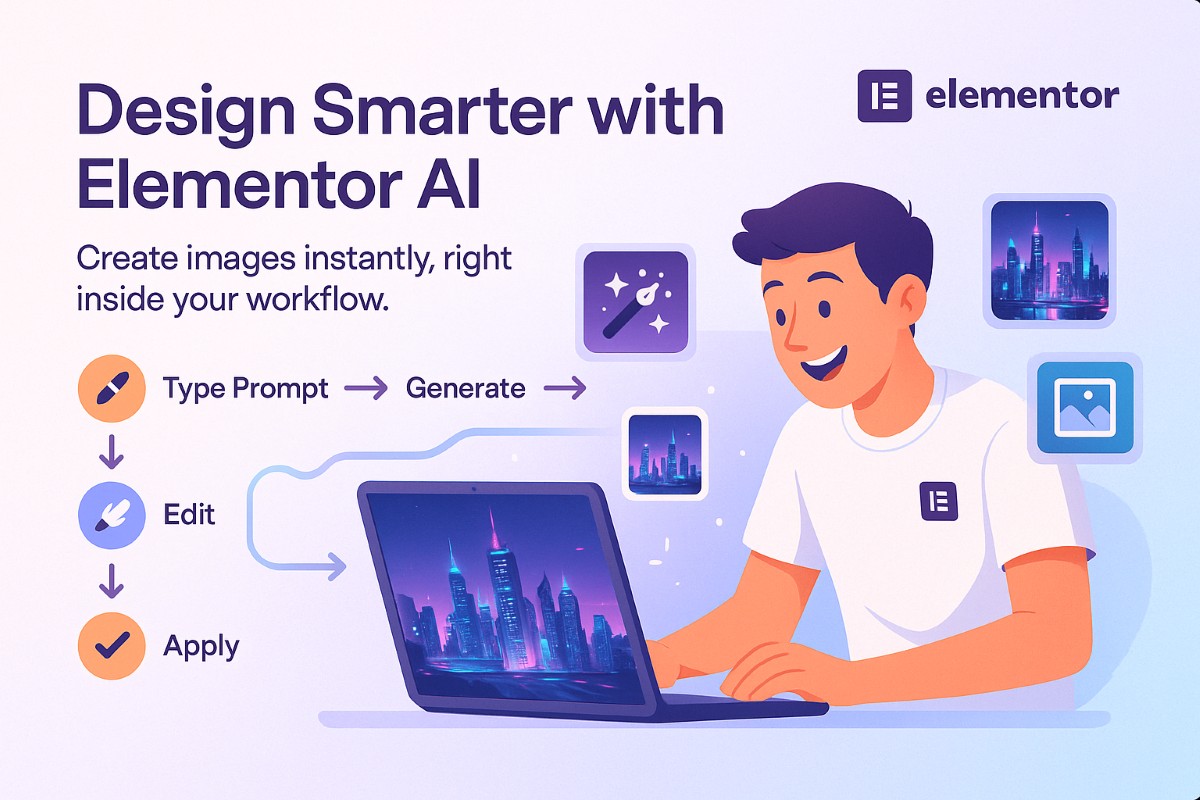 Infographic showing Elementor AI image generator workflow for web design with punchline text, designer illustration, and Elementor logo.