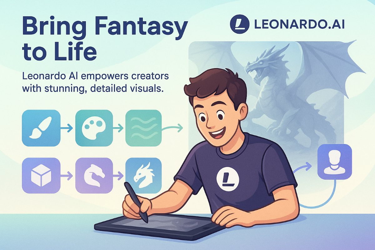 Infographic showing Leonardo AI for web design with a creative user designing fantasy art using workflow icons and badges.
