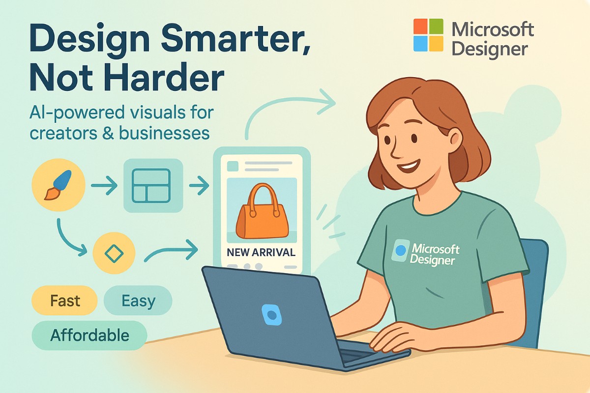 Infographic showing Microsoft Designer powered by DALL-E 3 as an AI image generator for web design, with a user creating digital graphics on a laptop.