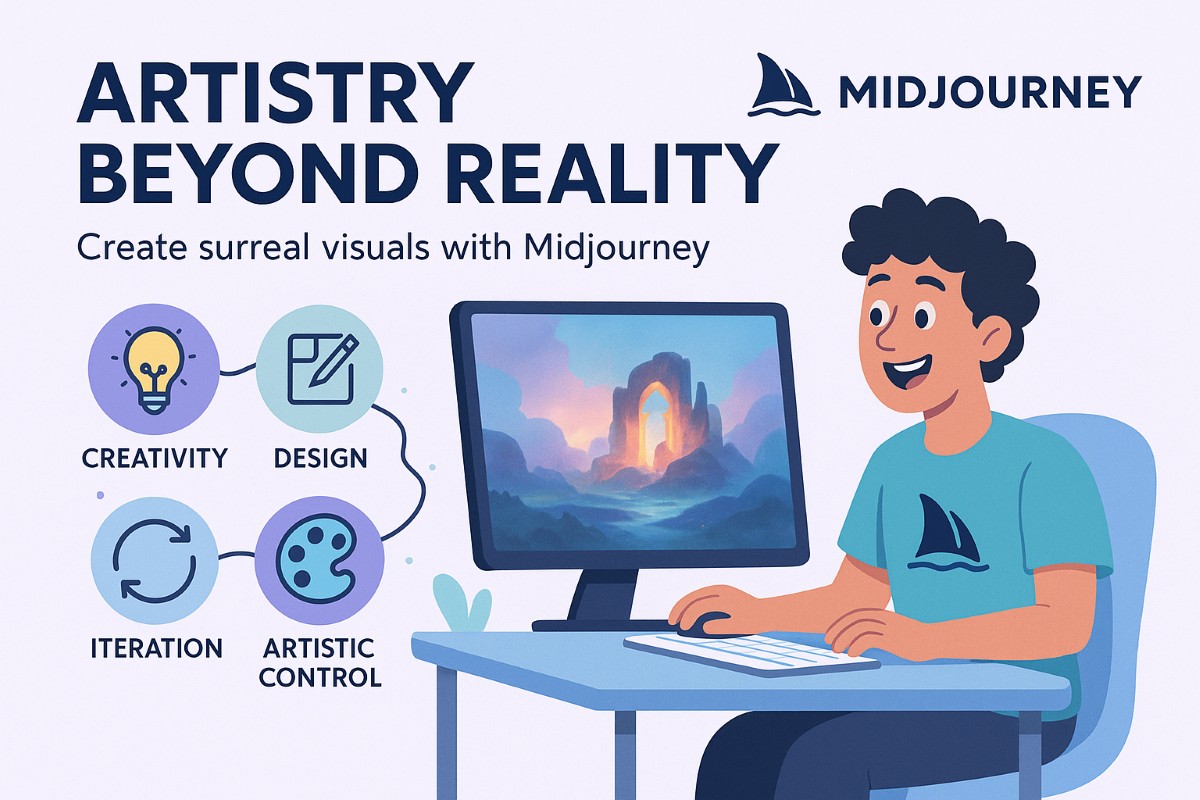 A dynamic and futuristic illustration showing a web designer actively interacting with AI-powered design tools, surrounded by floating logos of popular platforms like Elementor, Midjourney, Adobe Firefly, and DALL·E. The scene reflects a bright, UX-friendly environment, highlighting the innovative role of AI image generators in modern web design workflows.