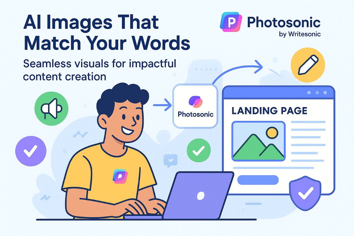Infographic showing Photosonic by WriteSonic as an AI image generator for web design with workflow icons, active user, and branding.