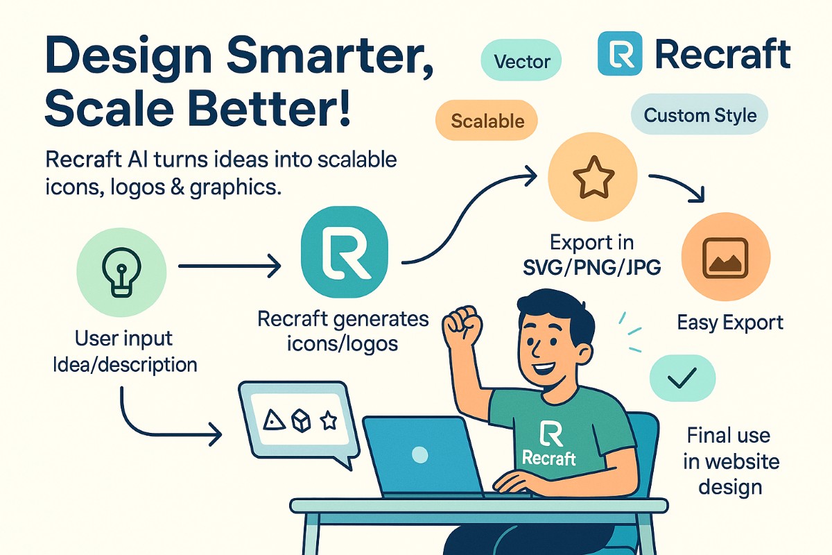 Infographic showing how Recraft AI image generator helps web design with scalable icons, vector graphics, and logos.