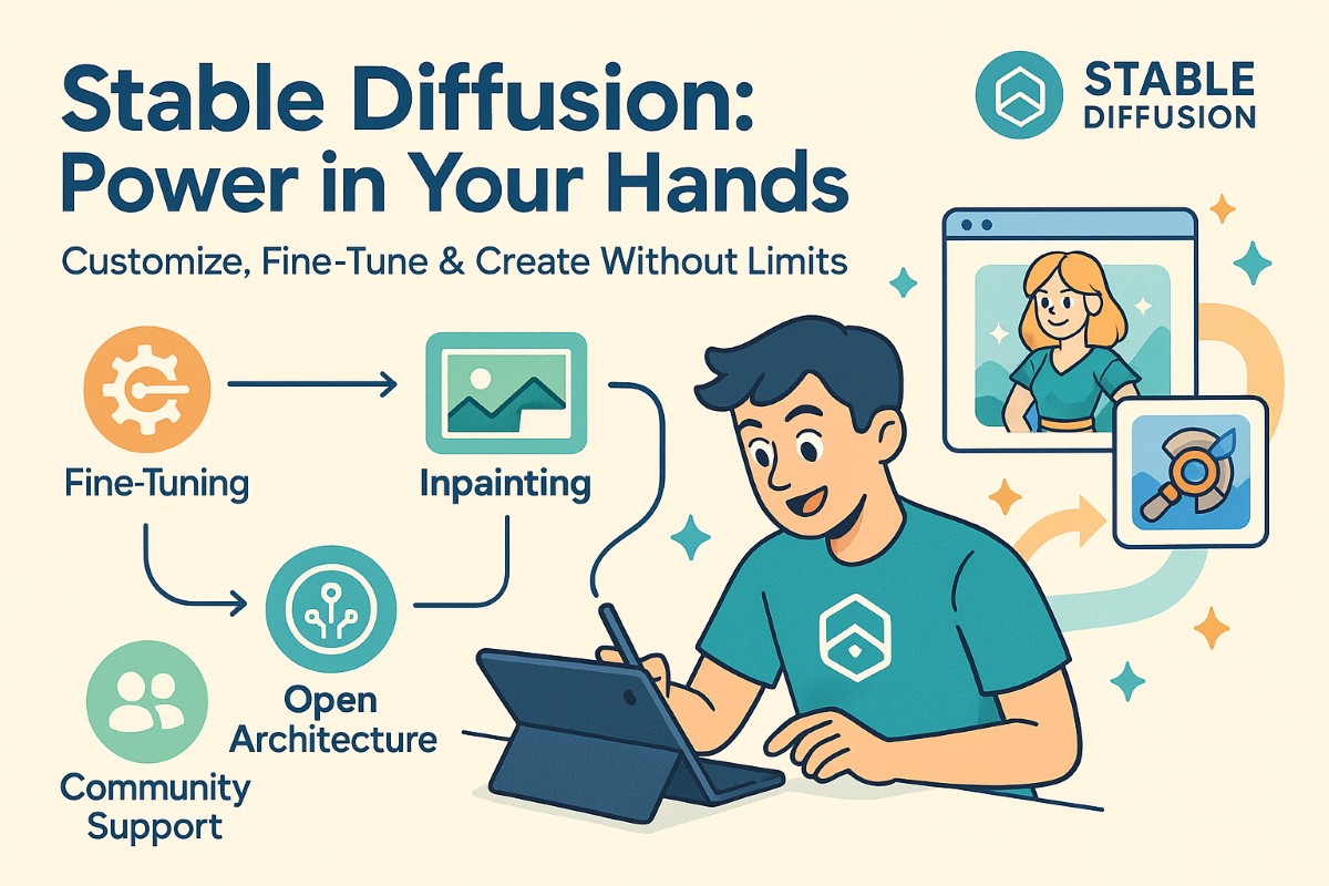 Infographic showing Stable Diffusion AI for web design with customization, fine-tuning, and creative workflow features.