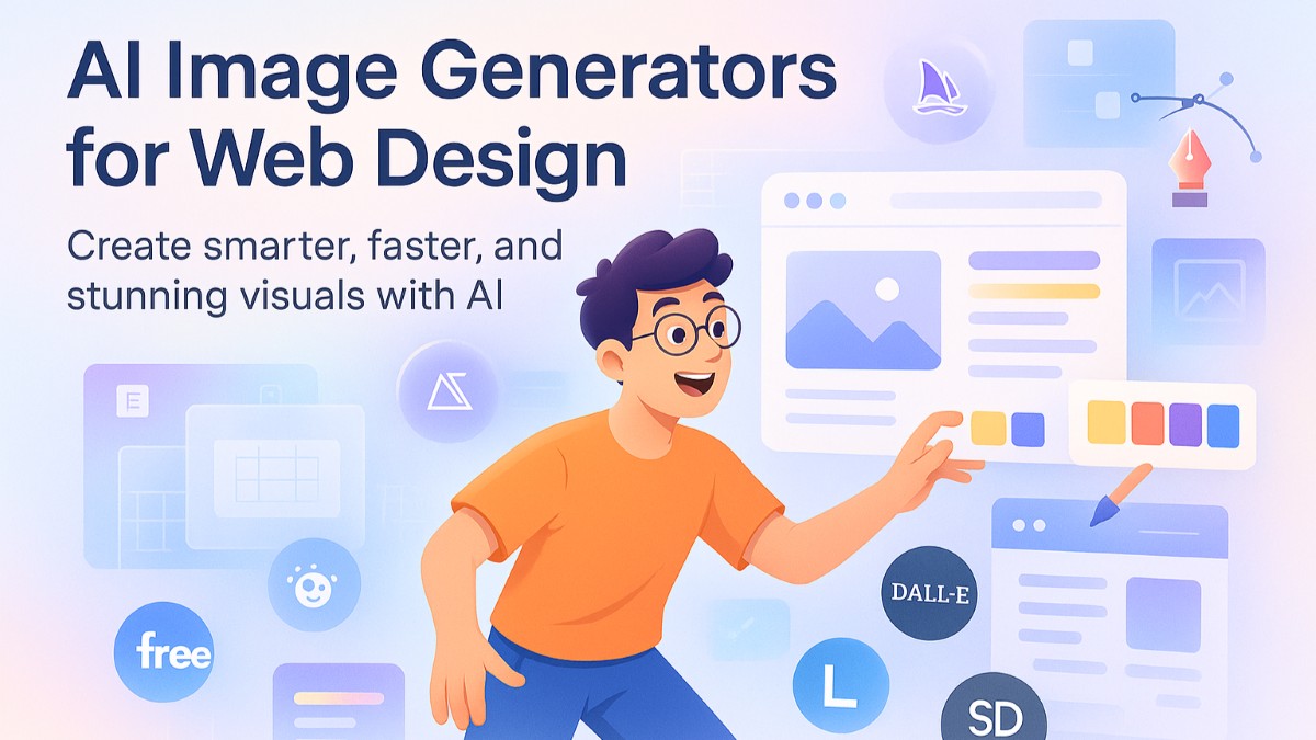 Designer exploring AI image generators for web design with futuristic interface and creative icons in a bright, modern workspace.