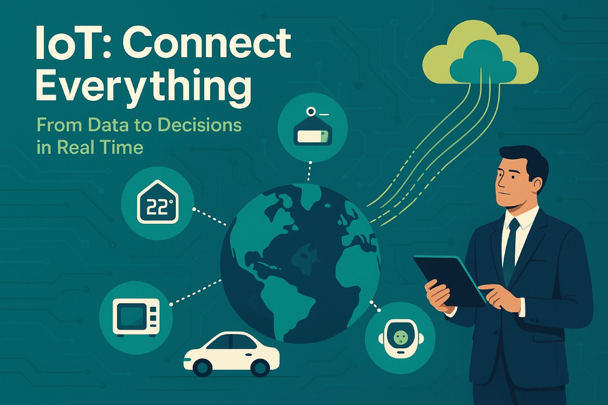 Infographic illustrating components of IoT with smart devices, cloud connectivity, and a professional using a tablet.