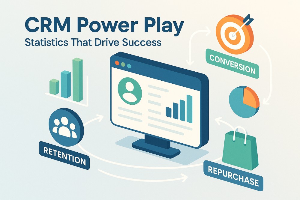 Flat vector infographic showing a CRM dashboard with analytics icons representing customer retention, conversion, and repurchase.