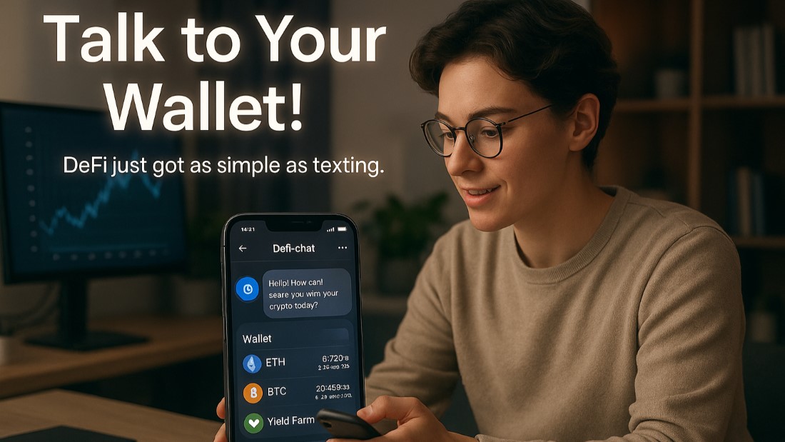 Realistic image of a user interacting with an AI-powered DeFi chatbot wallets on smartphone