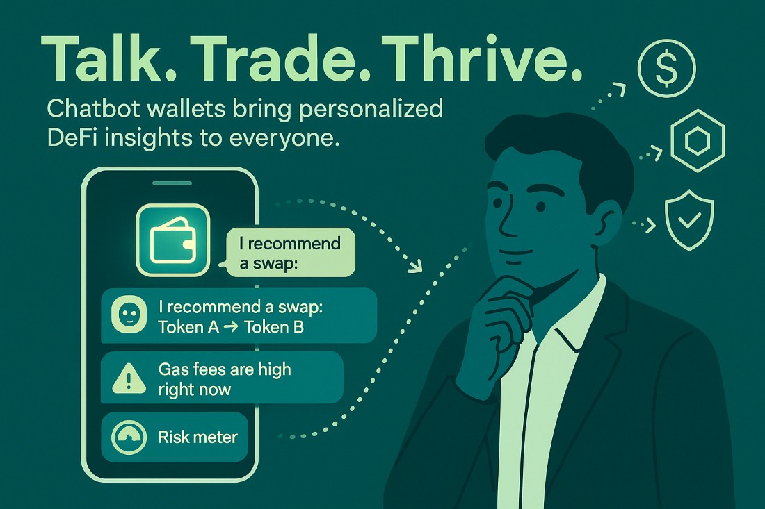 Infographic showing a chatbot wallet interface guiding a user with DeFi insights and financial alerts