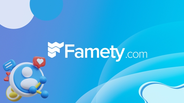Famety.com logo banner with modern 3D social media icons, representing TikTok follower growth services.
