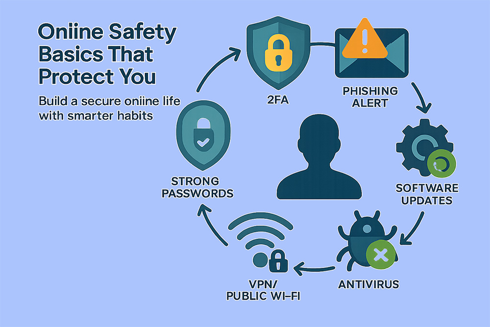 Infographic displaying six essential online safety tips with icons for passwords, 2FA, phishing, software updates, VPN use, and antivirus protection