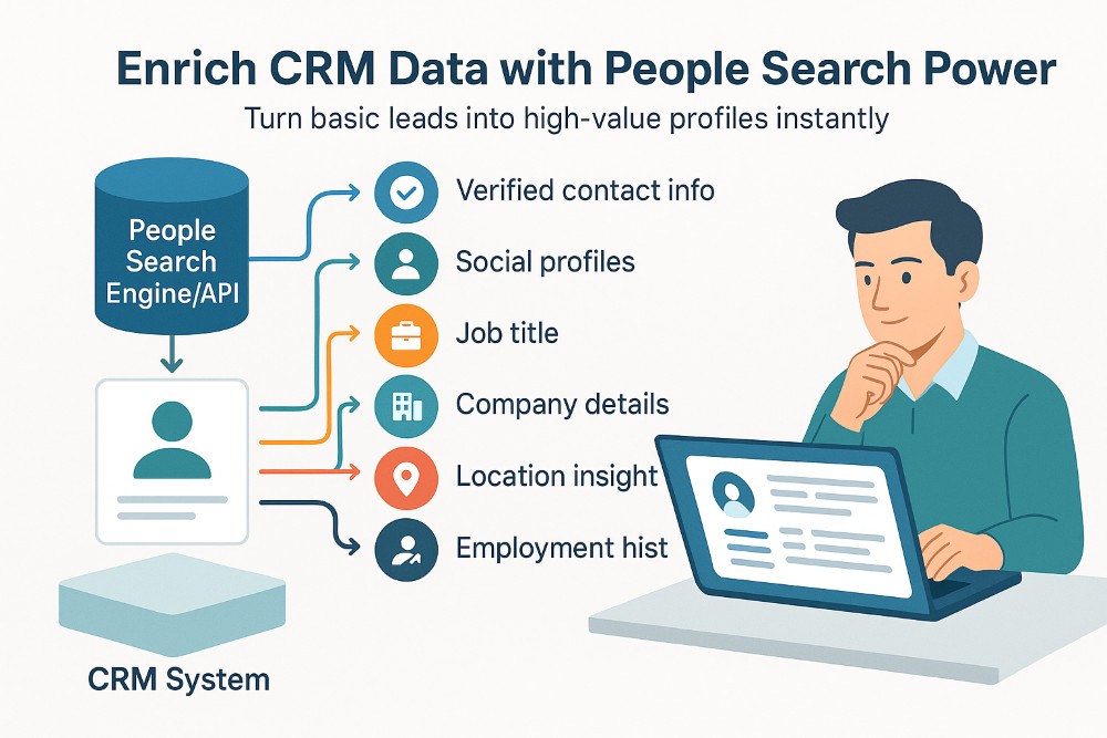 Infographic showing how a people search tool enriches CRM data with verified contact info, job roles, social profiles, and company insights.
