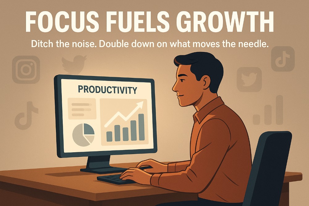 Entrepreneur focused on data analytics instead of social media, symbolizing profitable business strategy without online distractions.