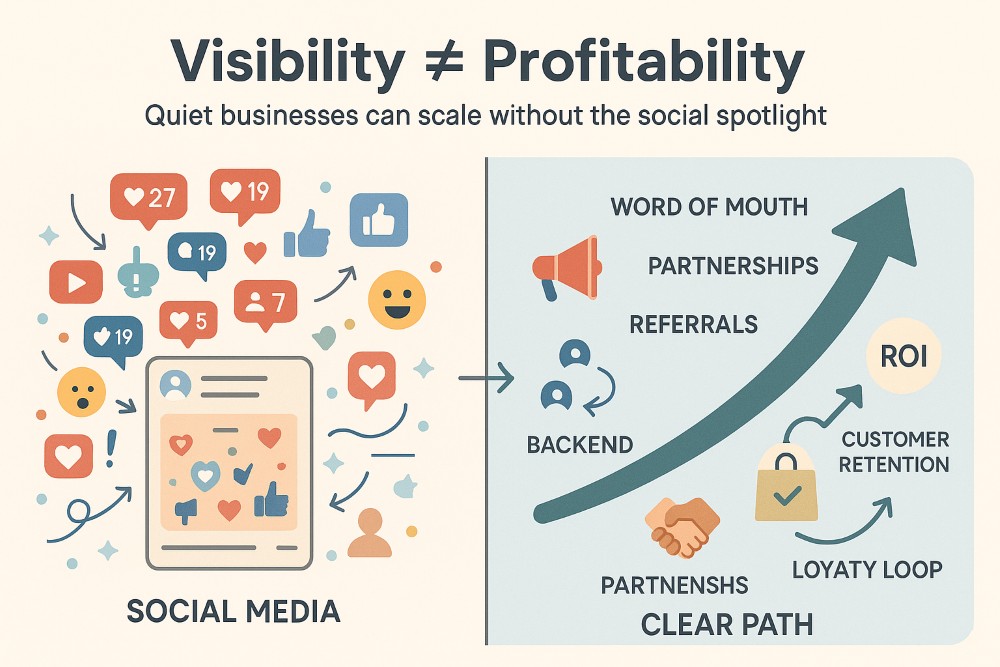 Infographic showing how profitable businesses succeed without relying on social media, using strategies like referrals, partnerships, and operations.