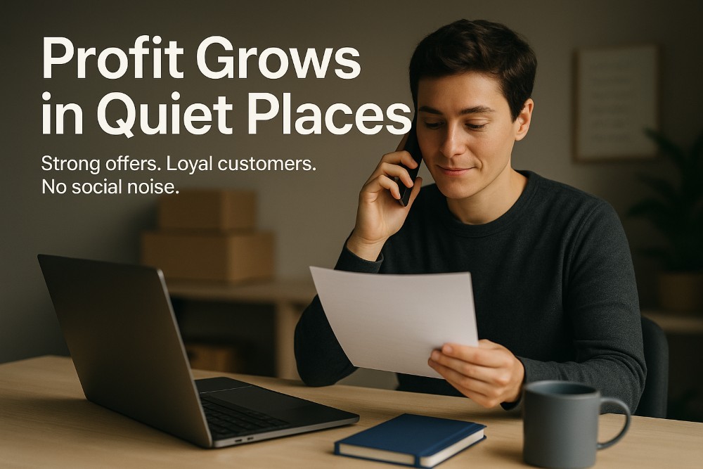Confident business owner speaking with a client in a minimalist office, illustrating direct connection strategy of profitable businesses without social media.