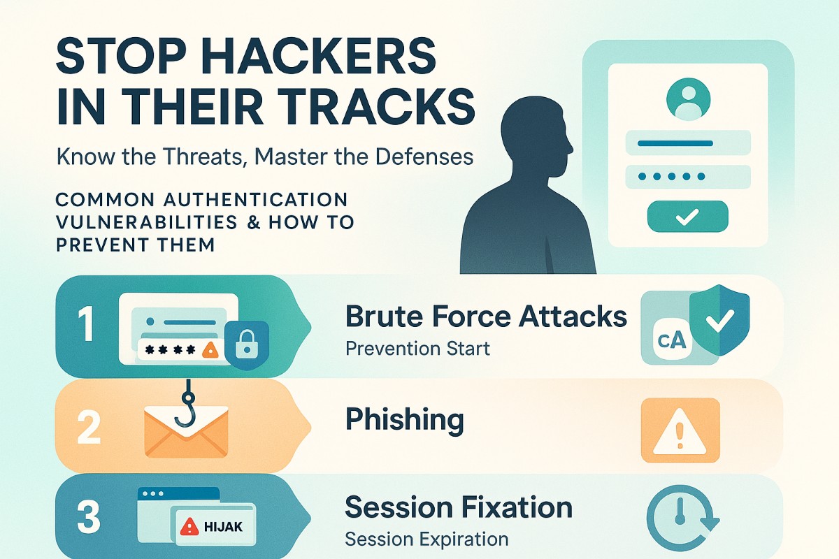 Infographic showing common authentication vulnerabilities and prevention methods using Auth0, including brute force attacks, phishing, and session fixation.