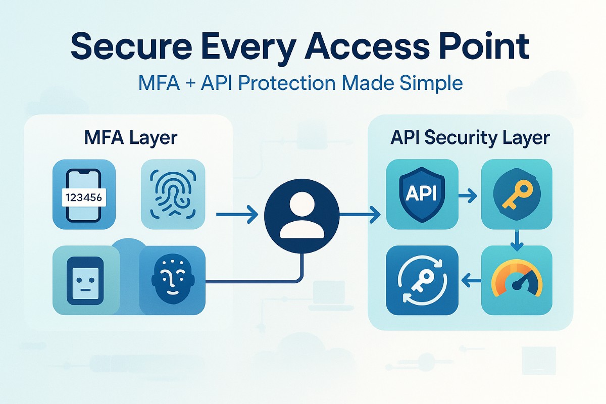 Infographic showing Auth0 multi-factor authentication and secure API integration workflow with icons, user verification, and OAuth protection.