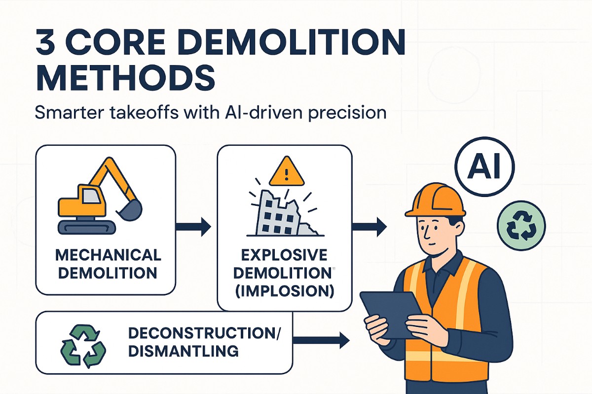 Infographic showing 3 core demolition methods with AI-driven demolition takeoff software for accurate estimates.